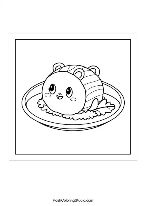 A round sushi character with bear ears on a plate.