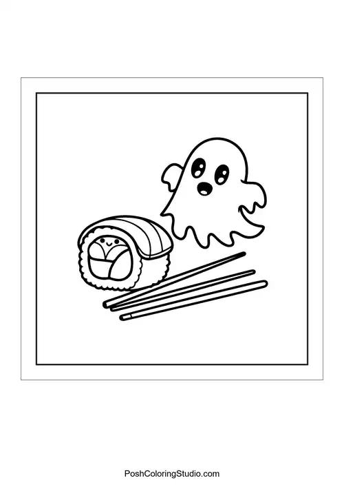 A ghost character next to a sushi roll and chopsticks.