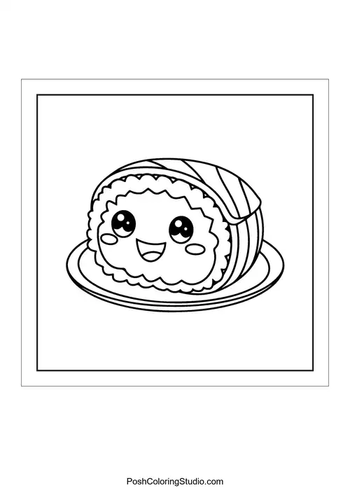 A sushi roll on a plate with a happy face.