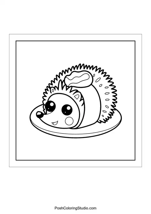 A hedgehog-shaped sushi roll on a plate.