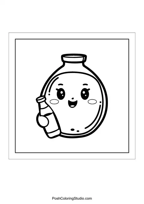 A bottle character holding a drink with a smile.