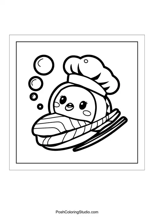 A sushi character with a fish on top and bubbles.