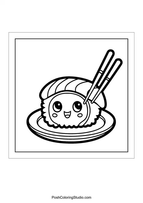 A sushi roll with a smiling face and sesame seeds.