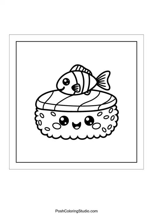 A sushi character holding balloons with a smile.