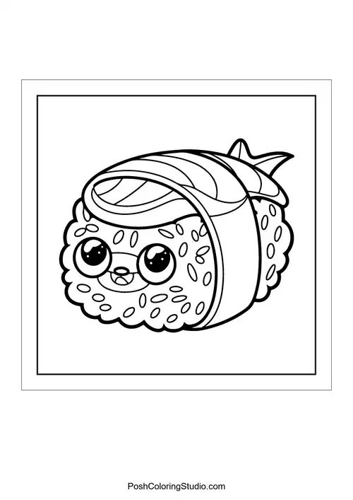 A sushi character playing drums with a smile.