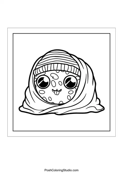 A sushi character wrapped in a blanket with a playful expression.
