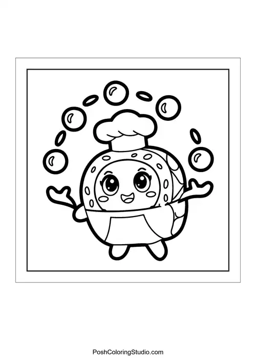 A sushi character juggling colorful bubbles.
