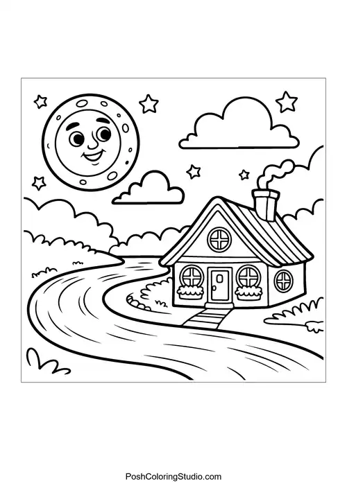 A cozy house with a chimney and a smiling moon above.