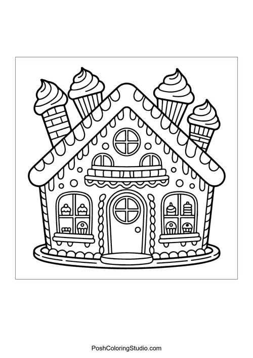 A cluster of gingerbread houses with candy decorations.