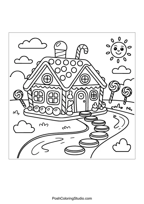A whimsical candy house with ice cream and lollipops.