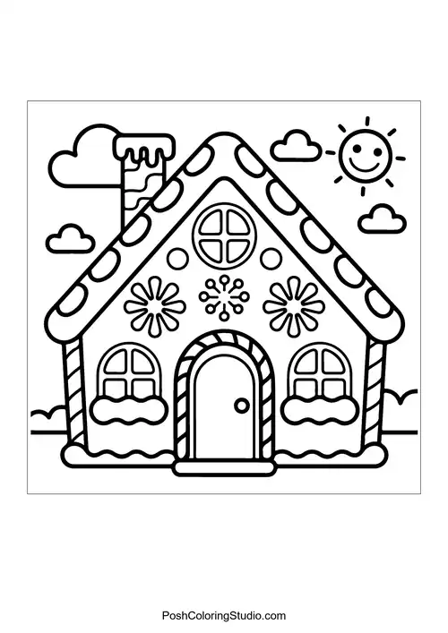 A large house with a candy roof and decorative windows.