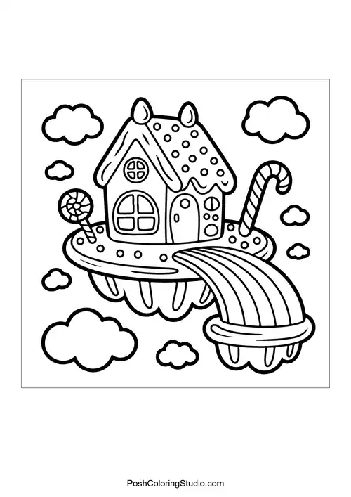 A mushroom-shaped house with candy and flowers.