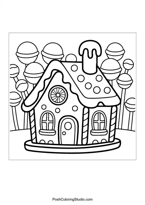A whimsical house surrounded by lollipops and candy trees.