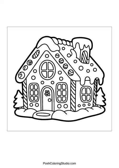 A gingerbread house with candy decorations and snowflakes.