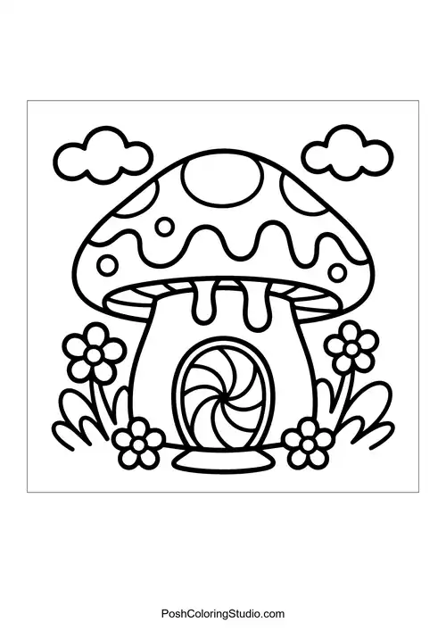 A whimsical house with a teapot shape and candy decorations.