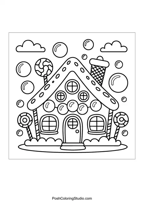 A treehouse with candy decorations and swings.