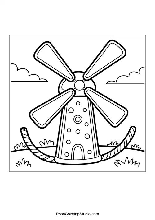 A windmill with candy decorations and flowers.