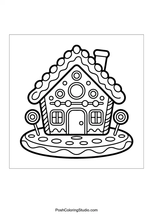 A gingerbread house with a candy cane roof and gumdrops.