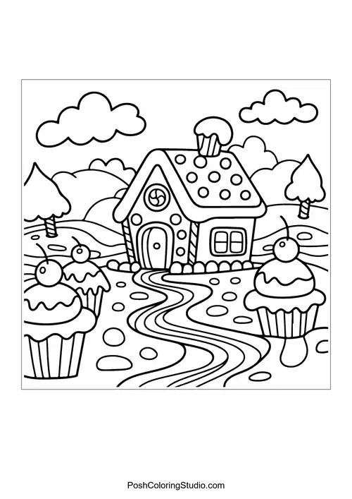 A whimsical village with gingerbread houses and candy.