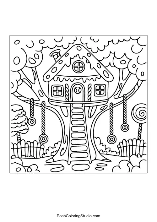 A gingerbread house with candy decorations and a sun.