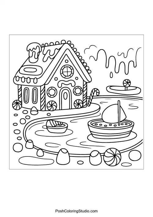 A gingerbread house with candy decorations and a pathway.