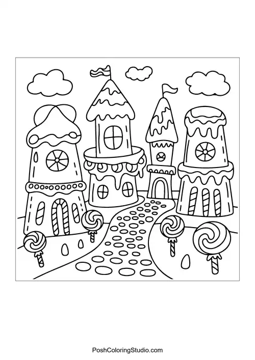 A whimsical house with candy decorations and a sun.