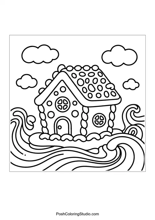 A gingerbread house on waves with a whimsical design.