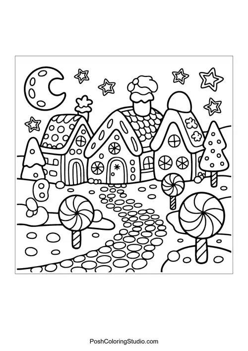 A gingerbread house with candy decorations and a pathway.