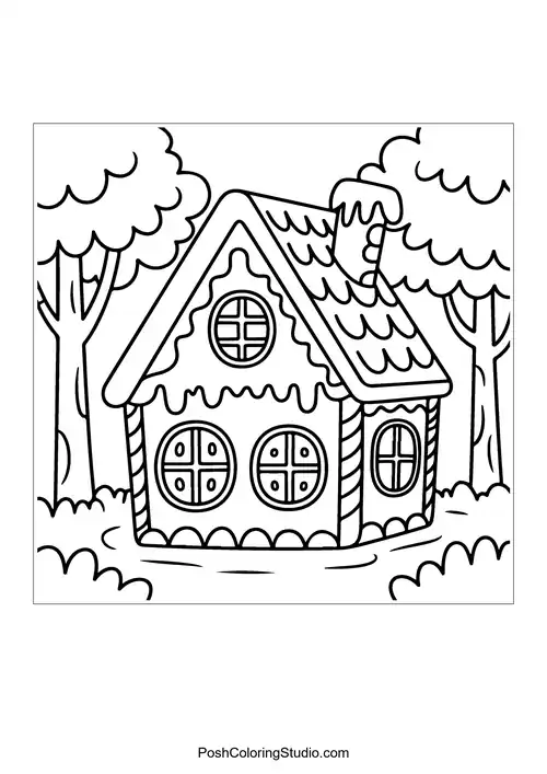 A whimsical house with candy decorations and a sun.