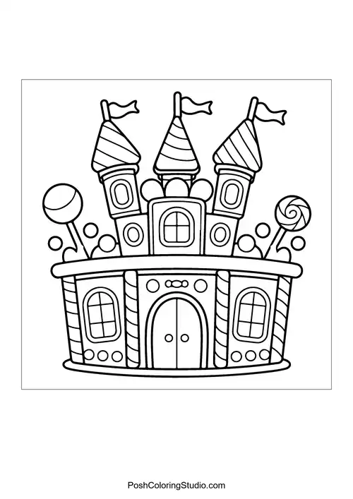 A whimsical house with candy decorations and a sun.
