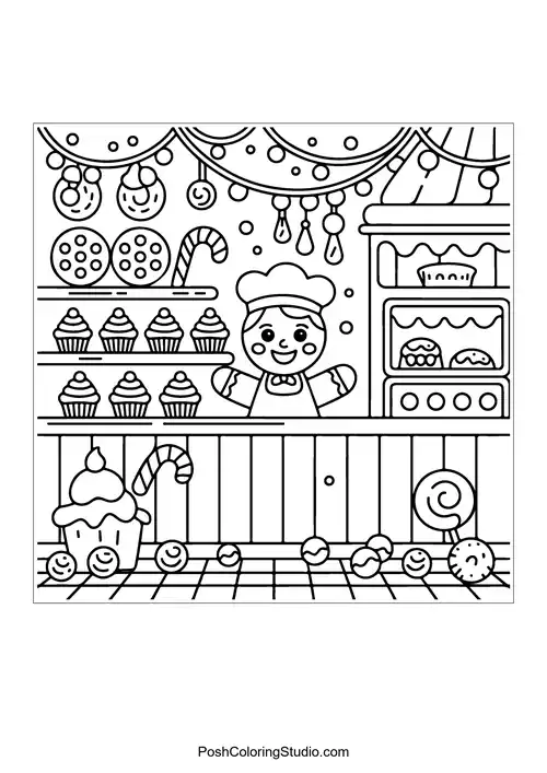 A gingerbread house with candy decorations and a pathway.