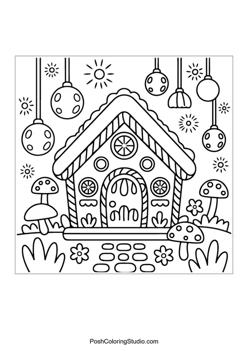 A whimsical house with candy decorations and a sun.