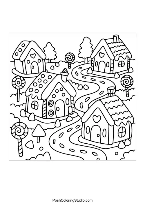 A whimsical house with candy decorations and a sun.