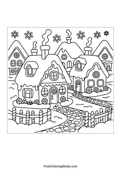 A gingerbread house with candy decorations and a pathway.