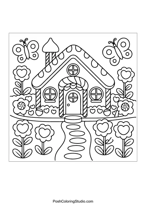 A whimsical house with candy decorations and a sun.