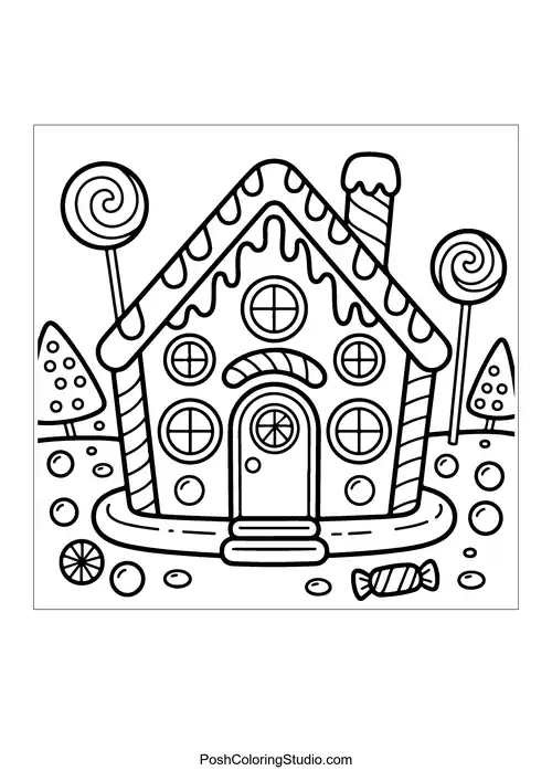 A gingerbread house with candy decorations and a pathway.