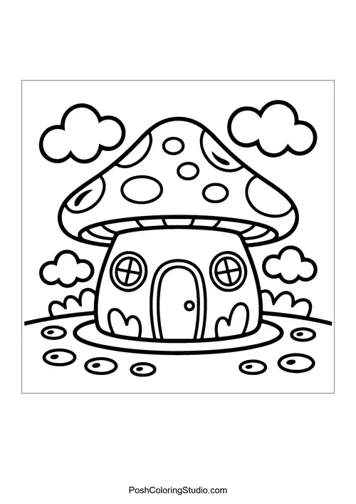 A whimsical candy house with a mushroom-shaped roof and candy decorations.