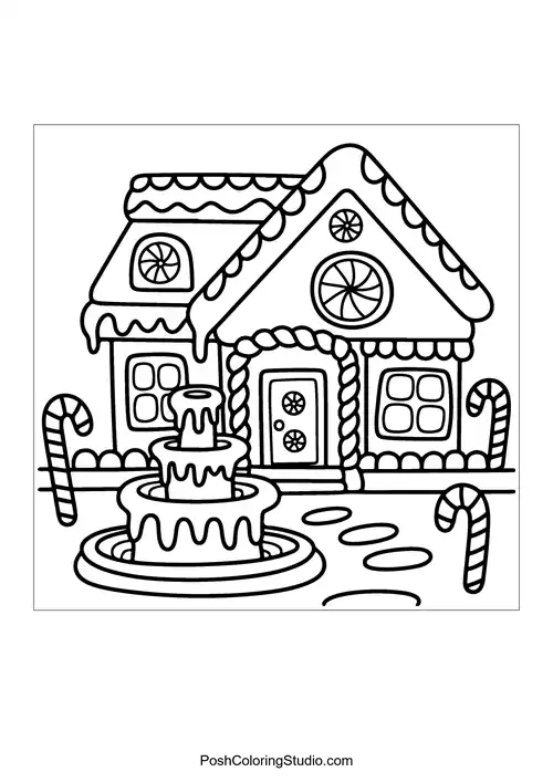 A gingerbread house with a candy cane and gumdrop roof.