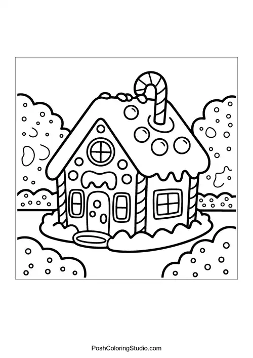 Three gingerbread houses with candy decorations and a path.