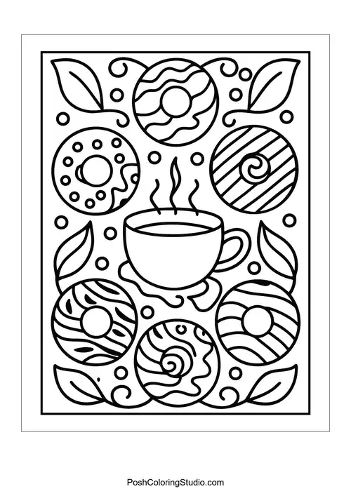 A steaming cup of coffee surrounded by decorative donuts.