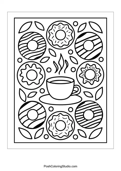 A coffee cup with donuts featuring different designs and steam.