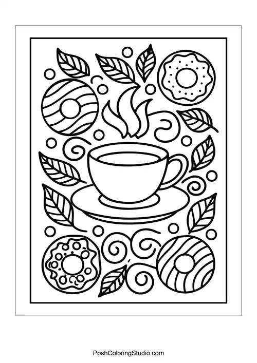 A coffee cup with decorative donuts and swirling steam above.