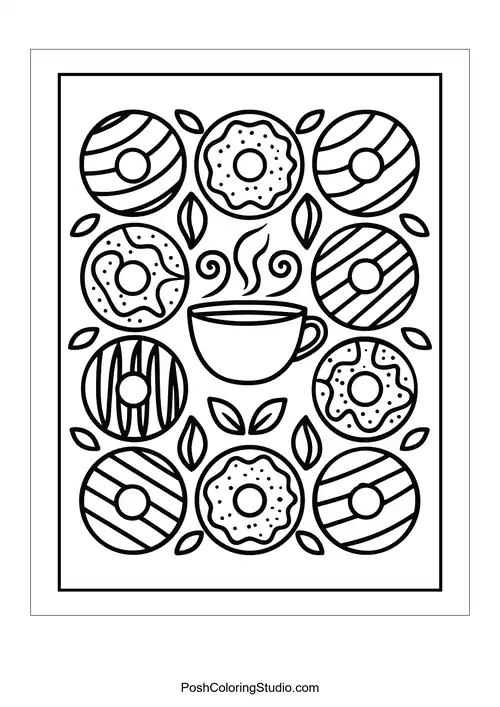 A coffee cup surrounded by donuts with various patterns.