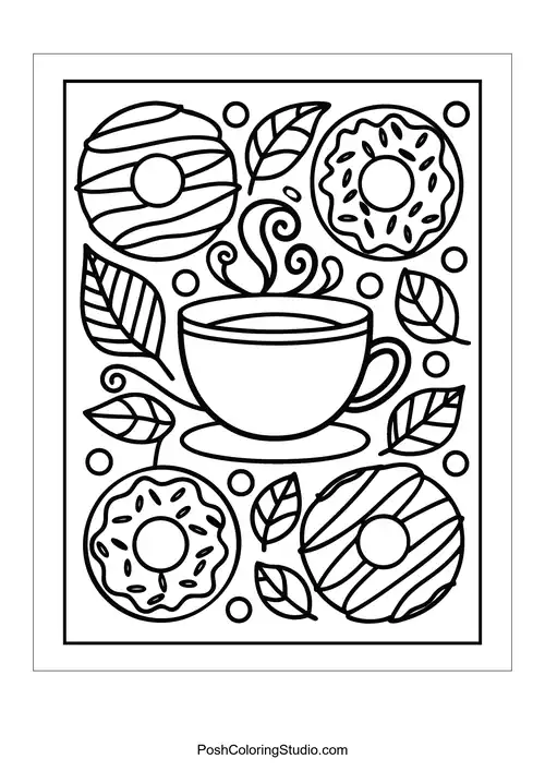 A coffee cup with decorative donuts and swirling steam.