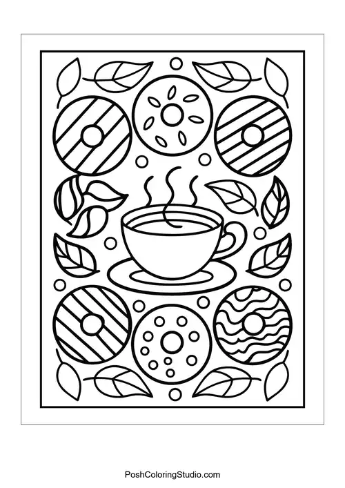 A steaming coffee cup with a variety of donuts around it.