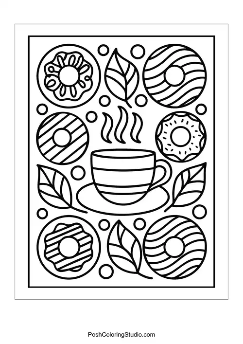 A coffee cup with decorative donuts and swirling steam.