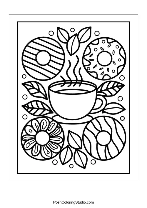 A coffee cup surrounded by donuts and decorative leaves.
