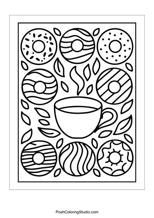 A coffee cup with donuts featuring different designs around it.