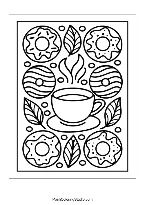 A coffee cup with decorative donuts and swirling steam above.
