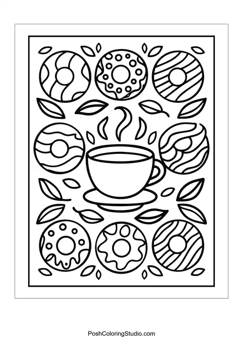 A cup of coffee with donuts arranged in a circular pattern.